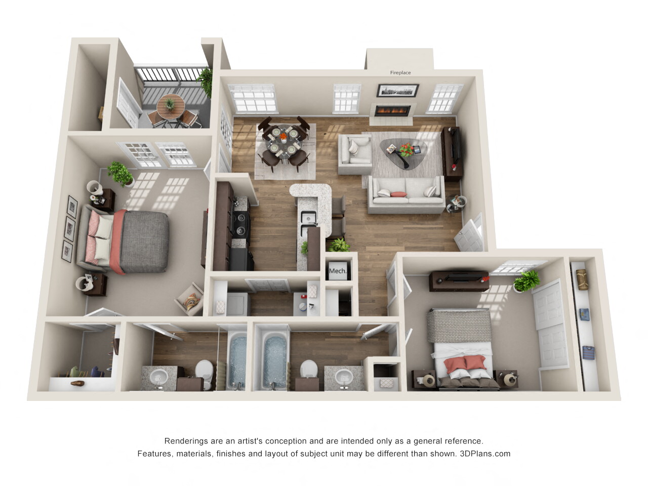 Floor plan for 2 beds, 2 baths, 946 sqft